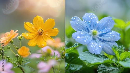   Two blue and yellow flower images with water droplets on their petals and leaves respectively photo
