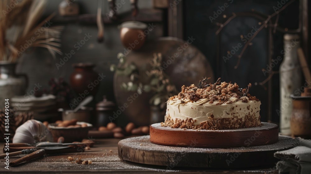 Rustic Autumn Cake with Cream Frosting and Nut Topping on Wooden Table
Rustic Autumn Cake with Cream Frosting and Nut Topping on Wooden Table
