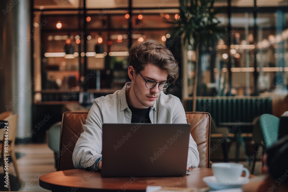 A young professional man is working on a laptop in a modern office A young professional man is working on a laptop in a modern office