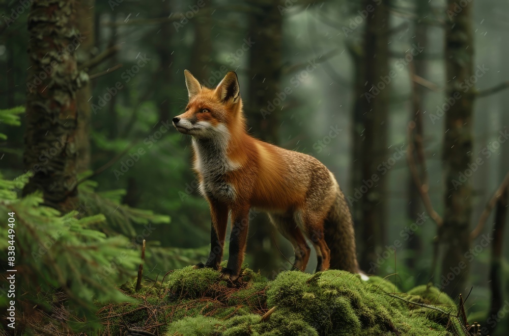 A fox standing on mossy rocks in the forest A fox standing on mossy rocks in the forest