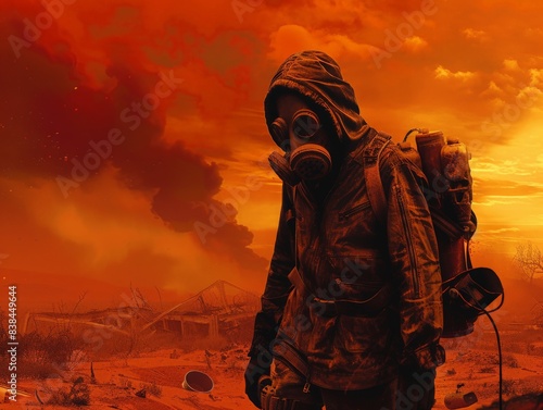 Survivor in a gas mask and tattered clothing wandering through a barren wasteland, with remnants of civilization scattered around and a reddish, ominous sky overhead 