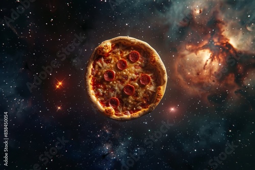 Surreal Pizza Floating in Cosmic Space with Starry Nebula Background for Unique Design Concepts