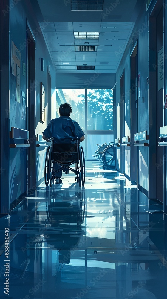 Hospital corridor with a person in a wheelchair, medical, digital painting, natural hues, high resolution 8K , high-resolution, ultra HD,up32K HD Hospital corridor with a person in a wheelchair, medical, digital painting, natural hues, high resolution 8K , high-resolution, ultra HD,up32K HD
