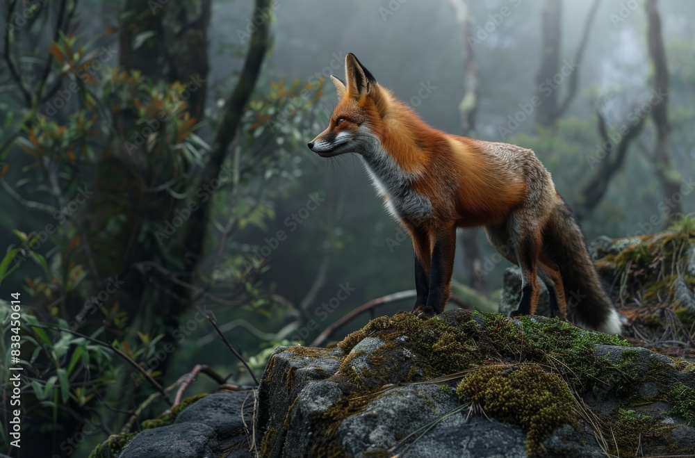 A fox standing on mossy rocks in the forest A fox standing on mossy rocks in the forest