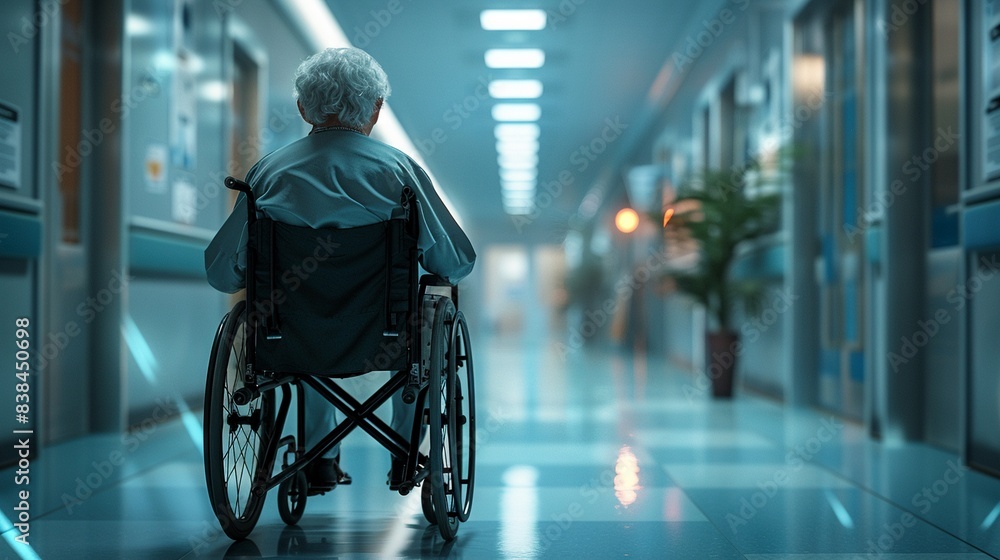 Elderly patient in a wheelchair waiting in a hospital hallway, medical, photorealistic, soft lighting, high resolution 8K , high-resolution, ultra HD,up32K HD Elderly patient in a wheelchair waiting in a hospital hallway, medical, photorealistic, soft lighting, high resolution 8K , high-resolution, ultra HD,up32K HD