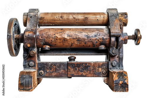 Close-up of a vintage wooden machine roller with rusty metal parts, showcasing weathered textures and an industrial aesthetic.