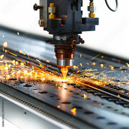Close-up of an industrial CNC laser cutting machine cutting a sheet of metal, with bright sparks flying during the process.