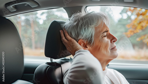 Portrait of elderly gray-haired woman massaging her hindhead while she felt neck ache. Female sitting on co-driver car seat. Medicine, health care, spinal column and Osteochondrosis issues concept. © Soloviova Liudmyla