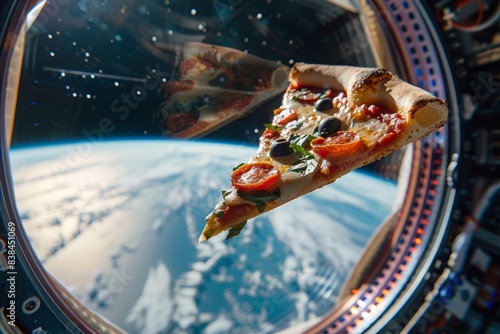 Floating Pizza Slice in Space Station with Melting Cheese and Vibrant Toppings Against Deep Space photo