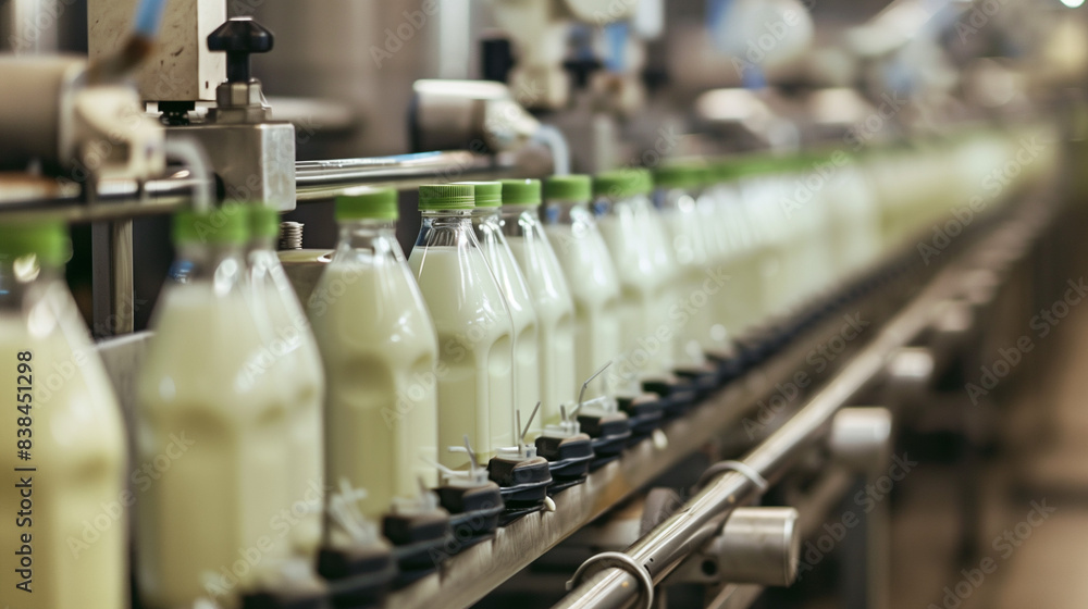 Milk bottles filling line in a factory Milk bottles filling line in a factory