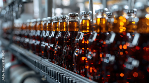 Line of bottling of cola soda bottles on clean light factory