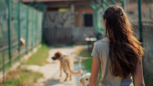 teenage girl volunteers at a dog shelter as a dog sitter photo