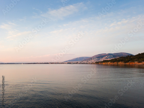 Sea view in Glyfada, Greece at sunset, evening time.