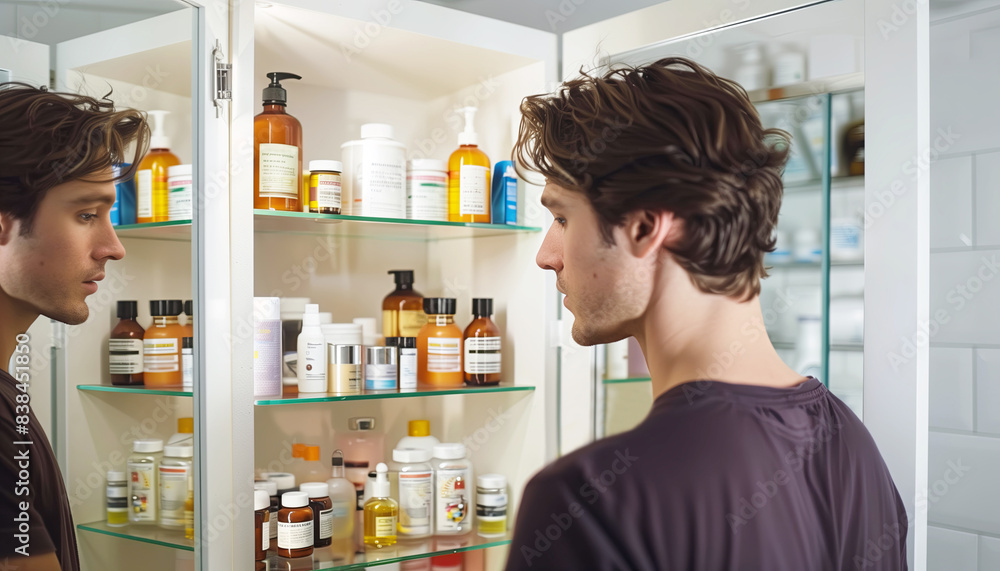 Handsome Young man during morning bathroom routine choosing scin moisture cosmetic and another healthy suppliers for day starting. Men's cosmetics and healthy skin concept. Handsome Young man during morning bathroom routine choosing scin moisture cosmetic and another healthy suppliers for day starting. Men's cosmetics and healthy skin concept.
