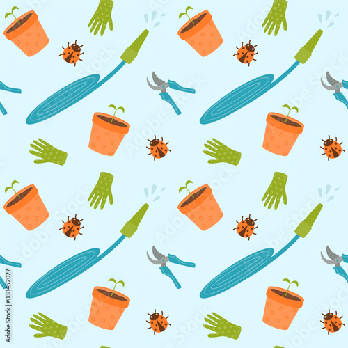 Seamless pattern with garden hose, gloves, flower pot, pruner and ladybug.