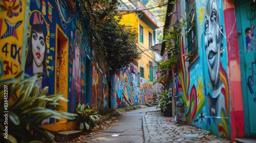 Vibrant graffiti alley with colorful murals. A narrow alley lined with vivid street art and bright painted walls, creating a lively, artistic atmosphere. © Ludmila
