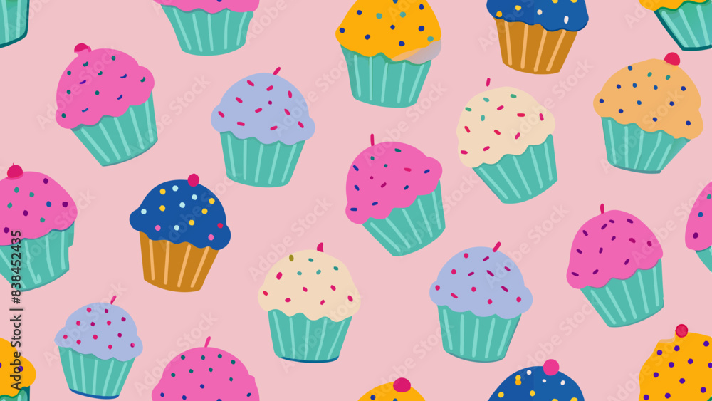 The image displays a repeating pattern of cupcakes on a pink background The image displays a repeating pattern of cupcakes on a pink background
