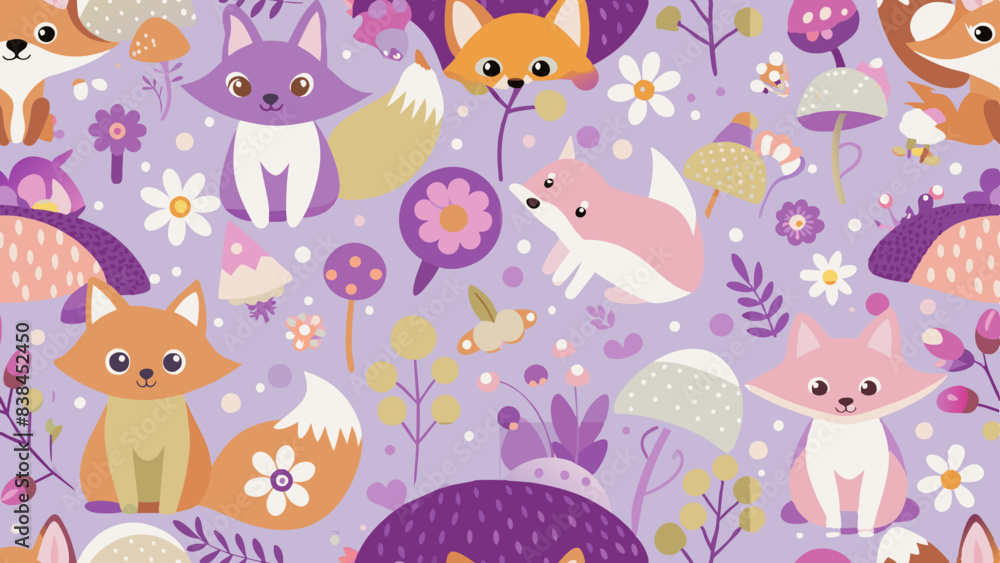 The image displays a vibrant and whimsical pattern featuring a variety of fox characters in different colors, such as purple, orange, pink, and white The image displays a vibrant and whimsical pattern featuring a variety of fox characters in different colors, such as purple, orange, pink, and white