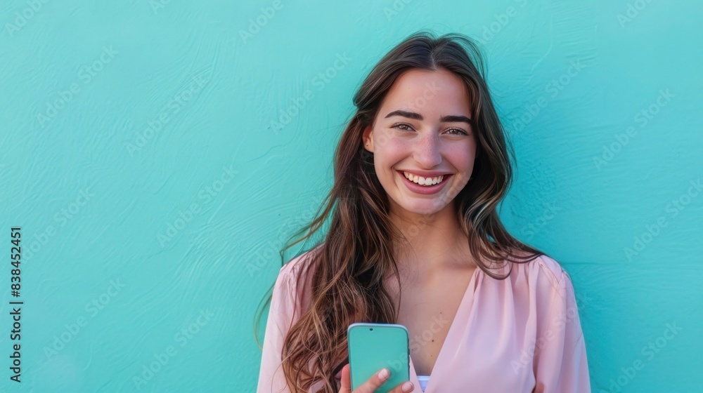 Happy woman holding smartphone, casual and smiling in front of a bright turquoise wall, showcasing vibrant background and joyful expression Happy woman holding smartphone, casual and smiling in front of a bright turquoise wall, showcasing vibrant background and joyful expression