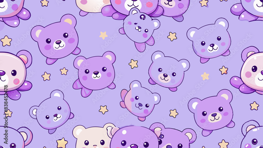 Fototapeta premium The image features a vibrant and playful pattern with a purple background speckled with yellow stars. It is adorned with numerous cute, cartoon-style teddy bears in various shades of purple and pink