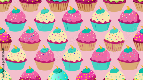 The image displays a repeating pattern of cupcakes on a pink background