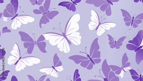 The image features a vibrant purple background adorned with numerous butterflies  each exhibiting a unique shade of purple and white