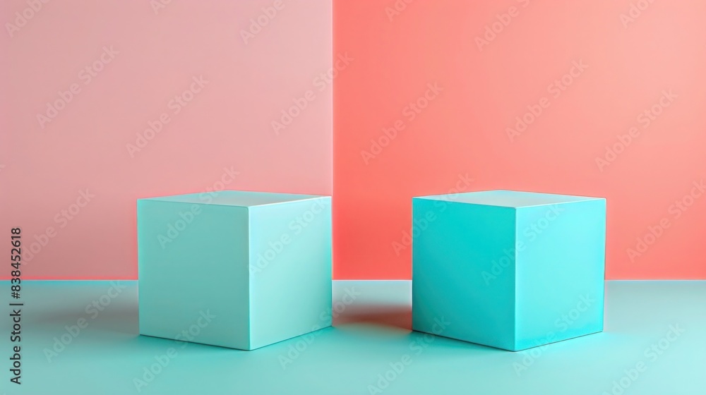 Pastel colored cubes on two-tone background. Modern minimalist design with geometric shapes in soft hues. Perfect for design projects and presentations. Pastel colored cubes on two-tone background. Modern minimalist design with geometric shapes in soft hues. Perfect for design projects and presentations.