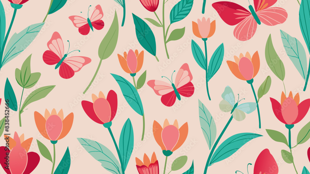 The image displays a repeating pattern of stylized flowers and leaves on a light background The image displays a repeating pattern of stylized flowers and leaves on a light background