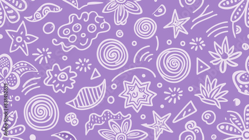 The image features a vibrant purple background adorned with an array of intricate patterns and designs
