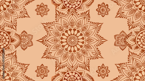 The image displays a patterned background with a repeating motif of intricate designs and shapes, predominantly in shades of brown and beige