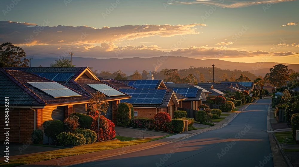 Solar panels on houses near road at city Solar panels on houses near road at city