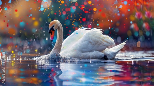 Fototapeta Naklejka Na Ścianę i Meble -  A swan glides gracefully across a lake with colorful paint splashes adding vibrant hues to the serene scene