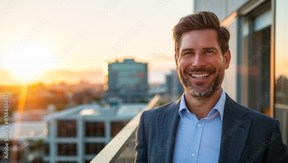 Handsome man in his late thirties is smiling, wearing business attire with a light blue shirt and blazer, standing on an office balcony overlooking the cityscape at sunset. Handsome man in his late thirties is smiling, wearing business attire with a light blue shirt and blazer, standing on an office balcony overlooking the cityscape at sunset.