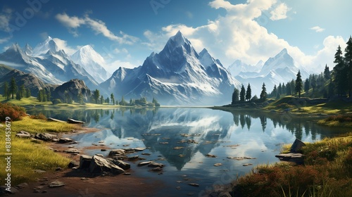Mountain lake with mirror-like reflections of the peaks  