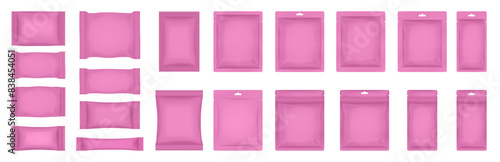 Set of realistic pouch mockups. Pink flow pack, sachet, zip bag. Soap wrapper. Sheet mask sachet. Soap or wet wipes packaging. Sugar stick	