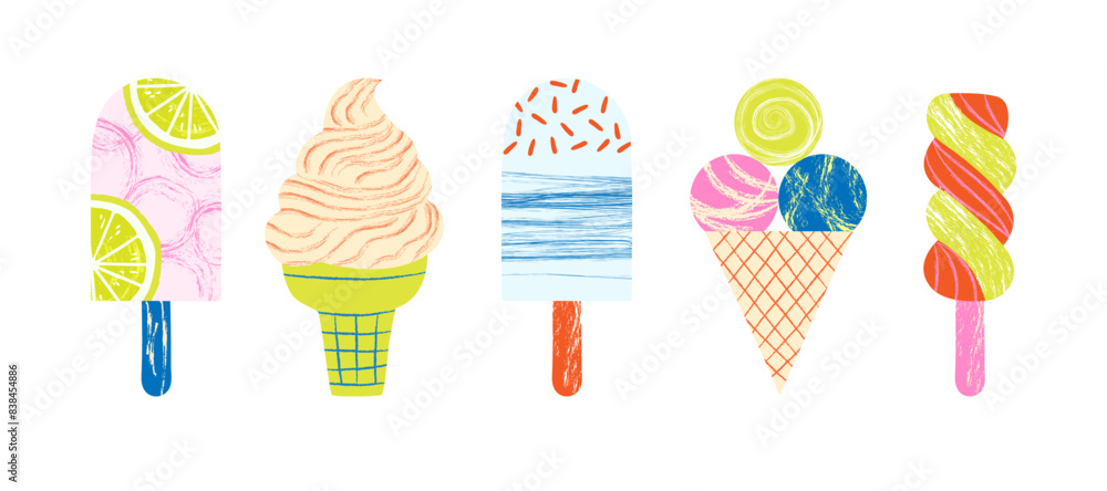 Set of colorful bright and tasty ice creams. Creative and cute vector illustration of summer sweet food isolated on white background Set of colorful bright and tasty ice creams. Creative and cute vector illustration of summer sweet food isolated on white background