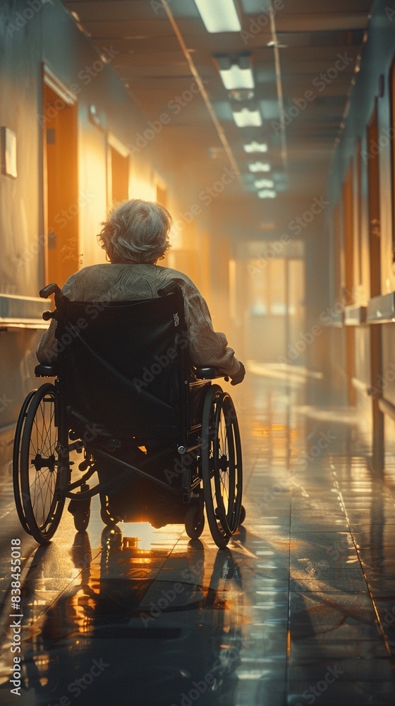 Obraz premium Elderly person in a wheelchair in a brightly lit hospital corridor, healthcare, photorealistic, warm tones, sharp focus 8K , high-resolution, ultra HD,up32K HD