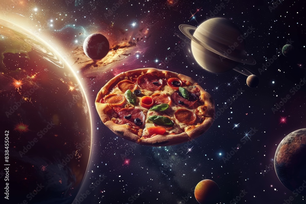 Naklejka premium Floating Pizza in Space Among Planets and Stars - Creative Cosmic Food Concept for Design Projects