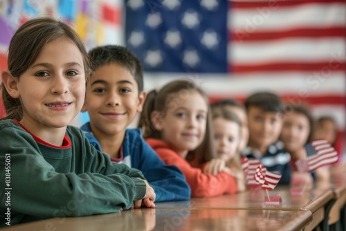 Students Participating in Mock Election at School with American Flag in Background..