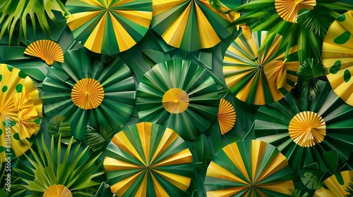 Vibrant green and yellow paper fans and leaves create a lively  tropical-themed background  perfect for summer decorations or festive events.