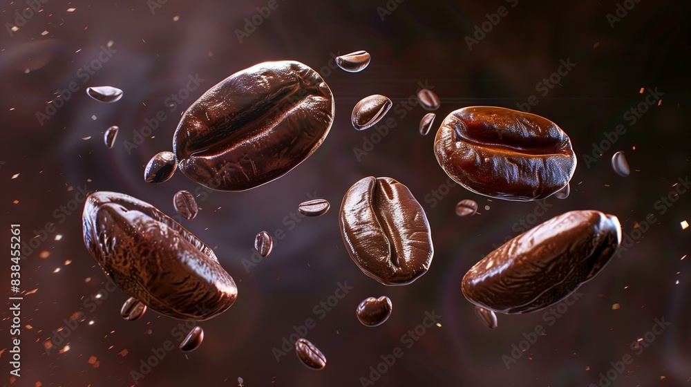 Close-up of roasted coffee beans floating in the air, showcasing their texture and rich, dark colors. Close-up of roasted coffee beans floating in the air, showcasing their texture and rich, dark colors.