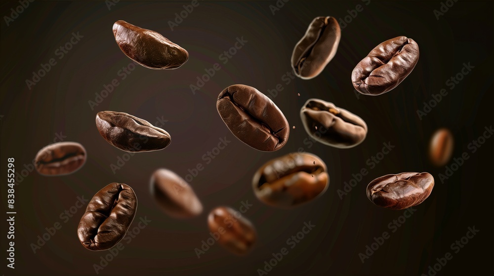 Close-up view of coffee beans suspended in mid-air against a dark background, highlighting their rich texture and color. Close-up view of coffee beans suspended in mid-air against a dark background, highlighting their rich texture and color.