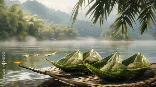 Traditional steamed rice dumplings wrapped in banana leaves, placed on a bamboo raft, floating on a serene lake surrounded by lush greenery.