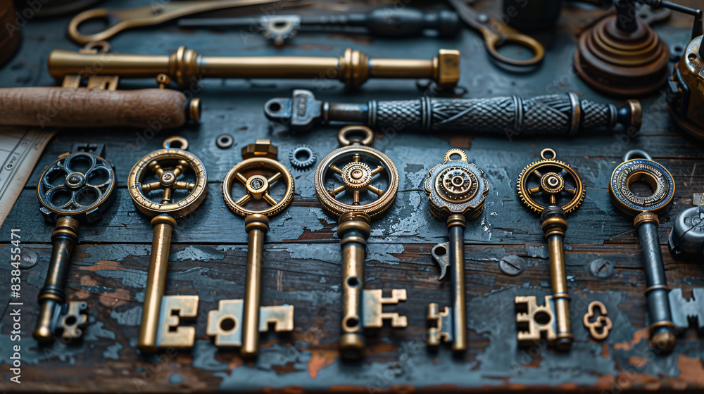 Keys with gears and brass elements Keys with gears and brass elements