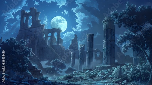 Majestic Moonlit Ruins of an Ancient Gothic Castle in a Mystical Landscape