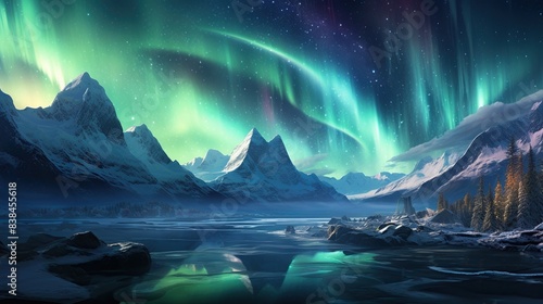 Northern lights dancing over an icy landscape 