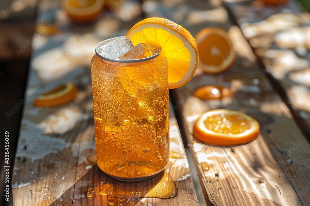 Refreshing Can of Orange Soda with Ice and Orange Slice on Sunny Picnic Table