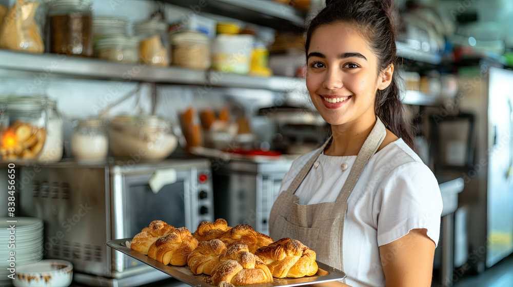 Smiling Baker Woman Holding Tray of Fresh Croissants in Artisan Bakery Smiling Baker Woman Holding Tray of Fresh Croissants in Artisan Bakery