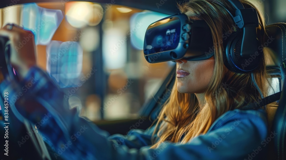 Virtual reality driving test woman in simulator controls car with steering wheel in classroom Virtual reality driving test woman in simulator controls car with steering wheel in classroom