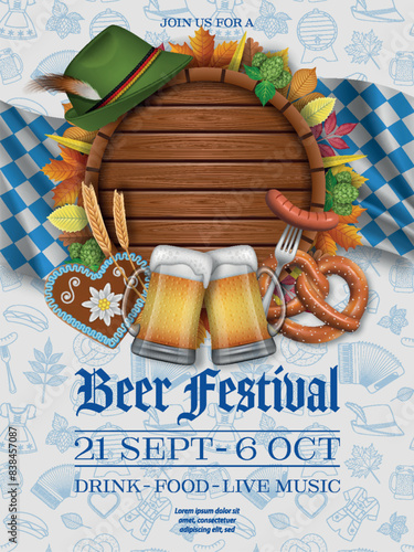 oktoberfest poster with wooden barrel and fall leaves. german october beer festival flyer with pretzel and beer mugs